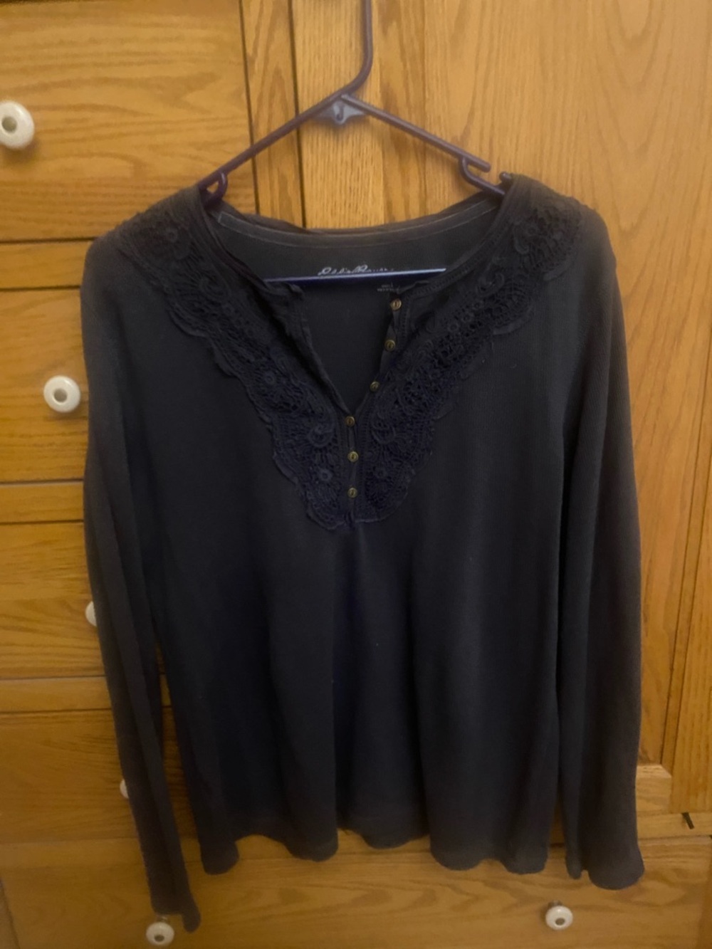 Eddie Bauer Black Lace-Trim Henley Long Sleeve Top